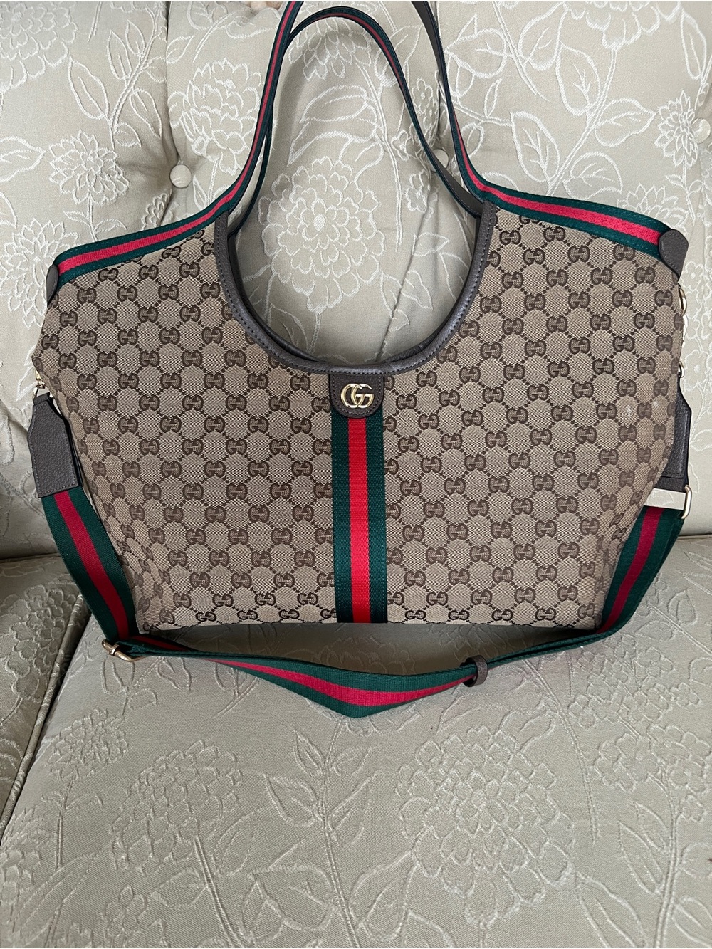 Gucci-Style Brown GG Canvas Tote with Signature Web Stripe